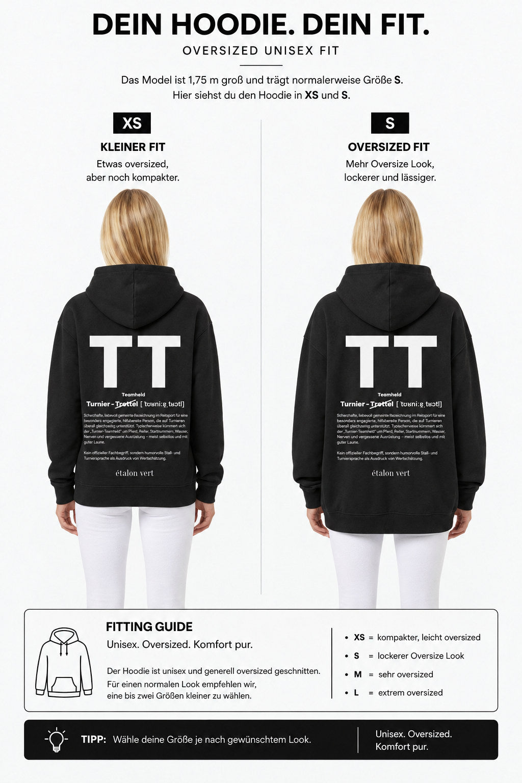 étalon vert – Oversize - TT Print Hoodie - Black – Fit-Guide XS und S – Model 1,75 m, normalerweise S