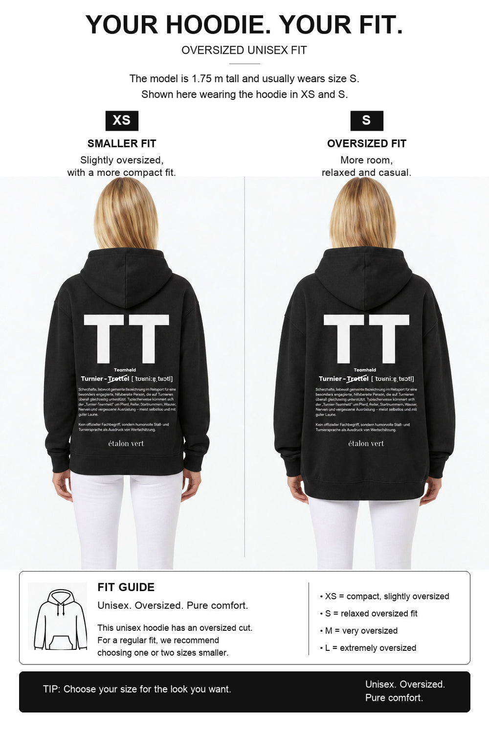 étalon vert – Oversize - TT Print Hoodie - Black – Fit-Guide XS und S – Model 1,75 m, normalerweise S [en]