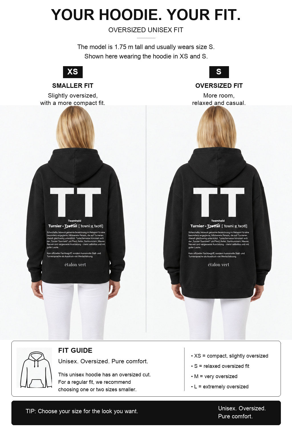 étalon vert – Oversize - TT Print Hoodie - Black – Fit-Guide XS und S – Model 1,75 m, normalerweise S