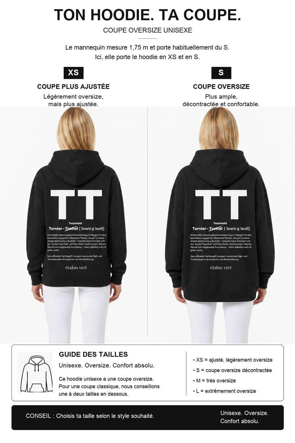 étalon vert – Oversize - TT Print Hoodie - Black – Fit-Guide XS und S – Model 1,75 m, normalerweise S [fr]