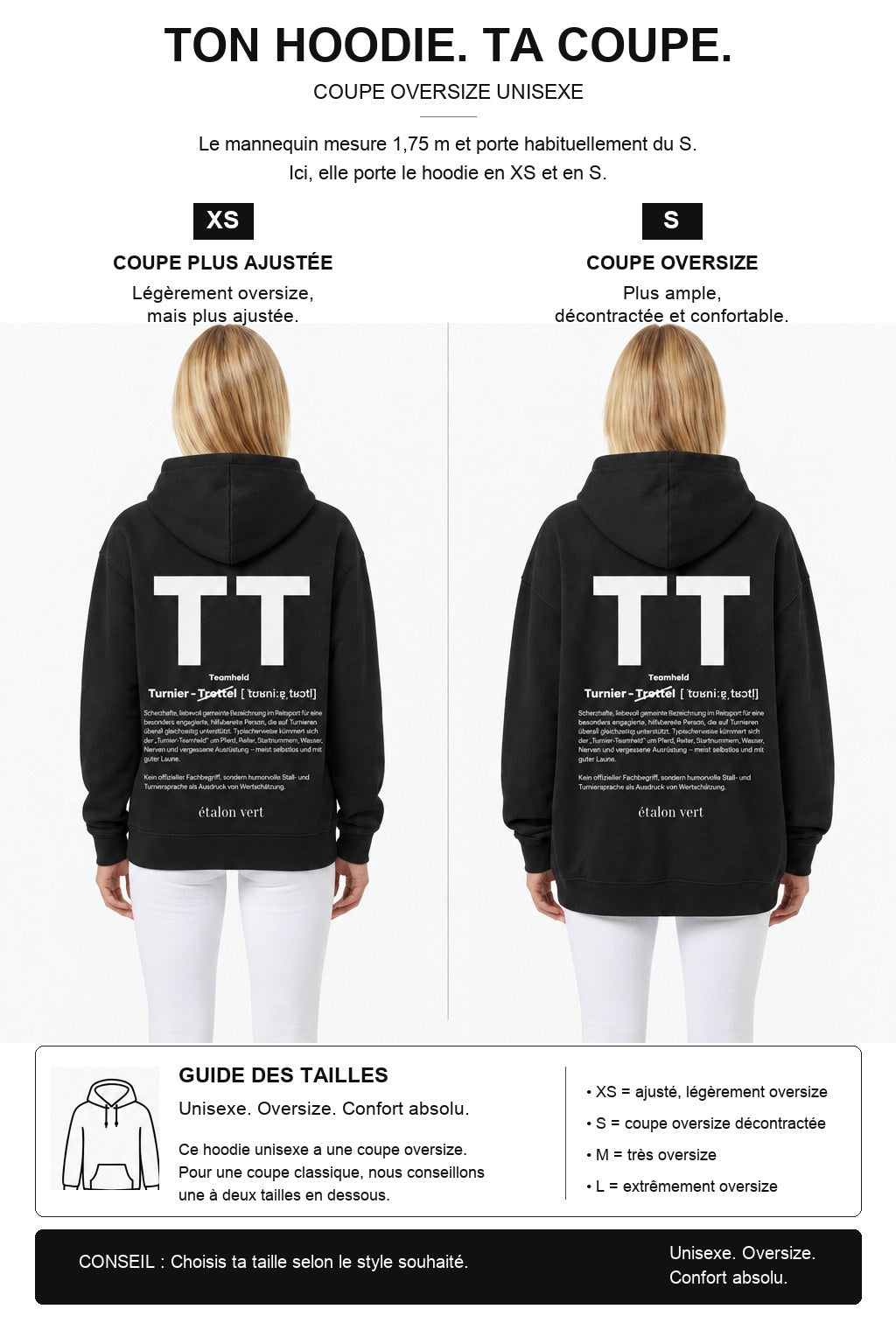 étalon vert – Oversize - TT Print Hoodie - Black – Fit-Guide XS und S – Model 1,75 m, normalerweise S