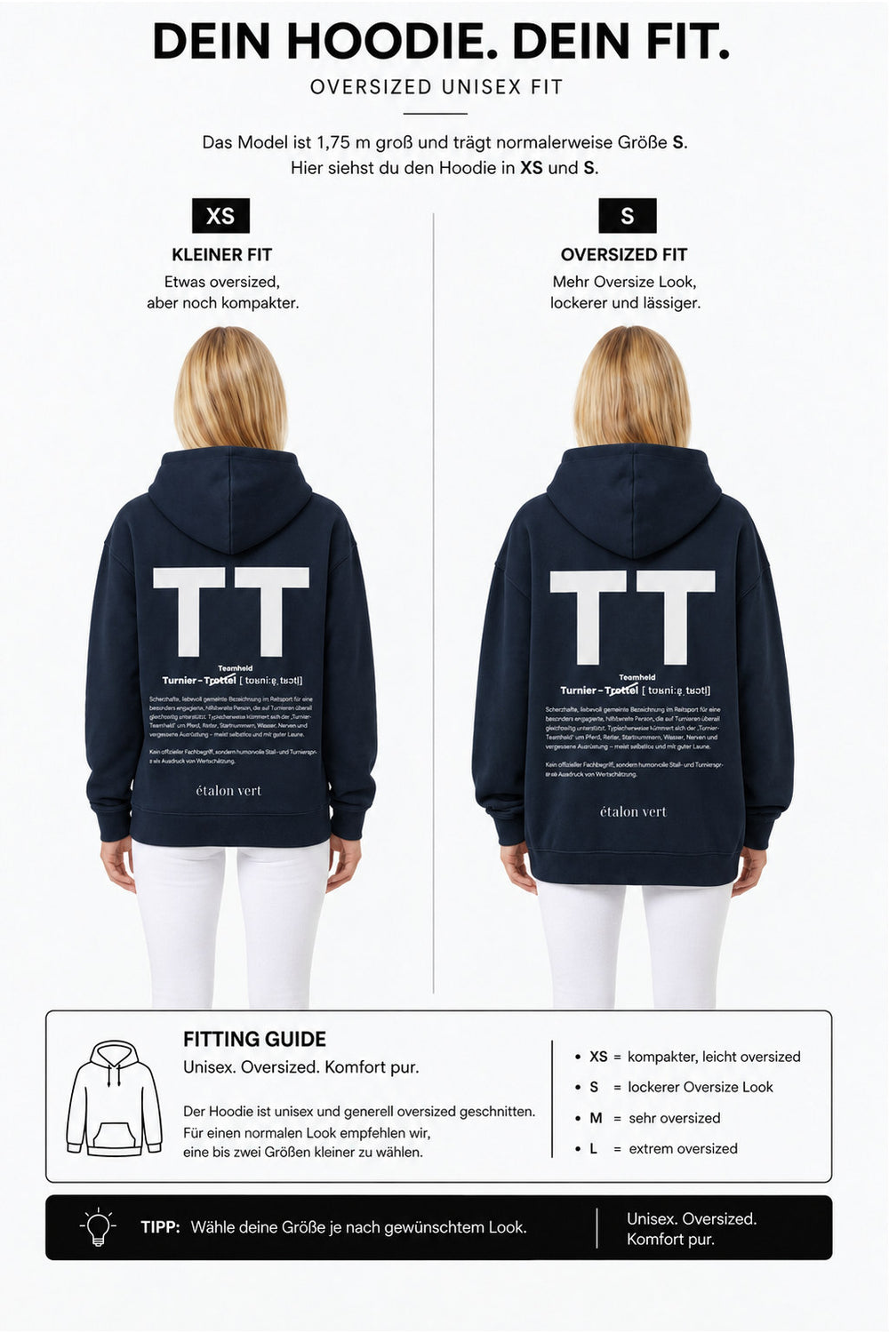 étalon vert – Oversize - TT Print Hoodie - Navy – Fit-Guide XS und S – Model 1,75 m, normalerweise S [de]