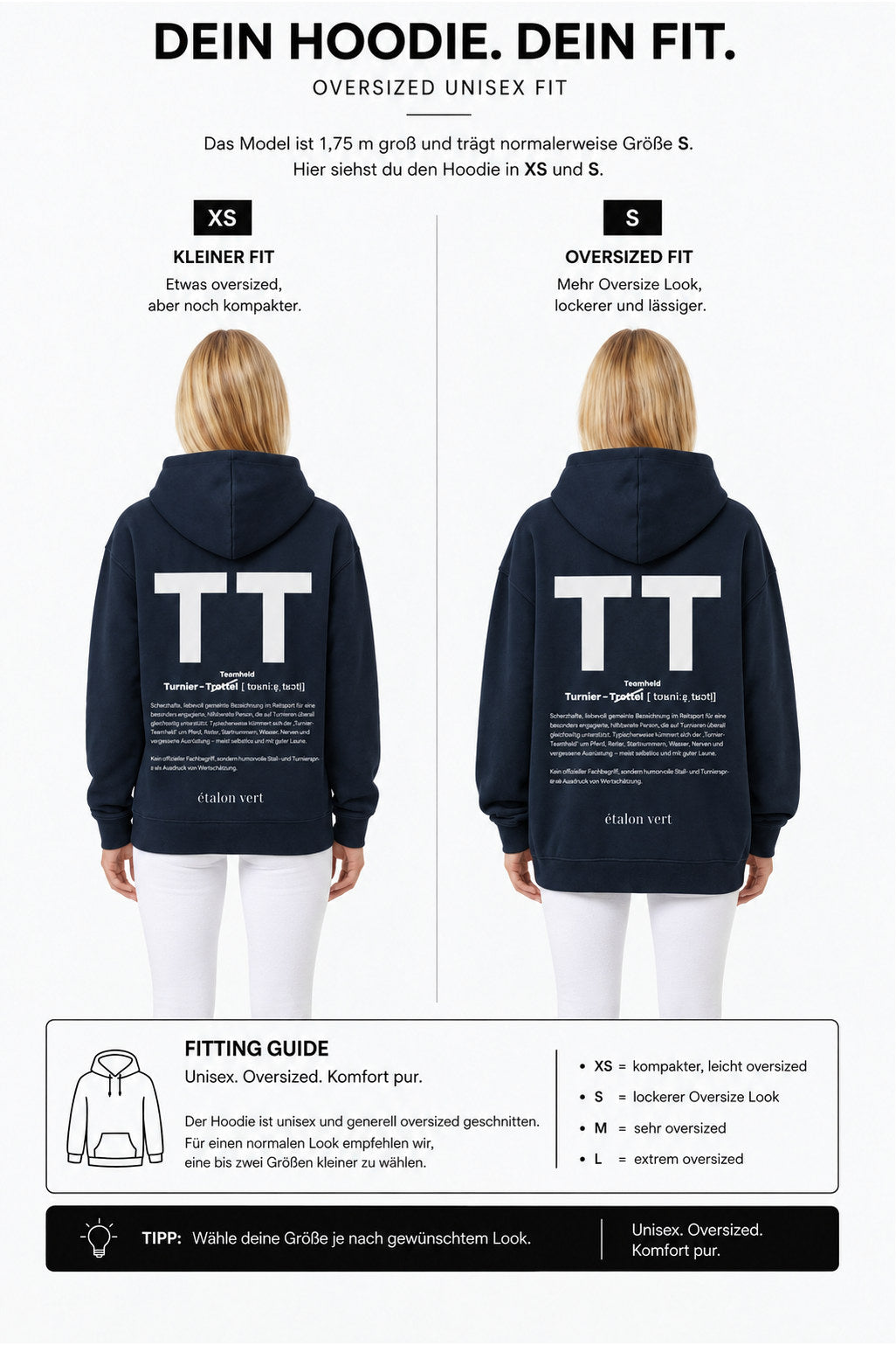 étalon vert – Oversize - TT Print Hoodie - Navy – Fit-Guide XS und S – Model 1,75 m, normalerweise S