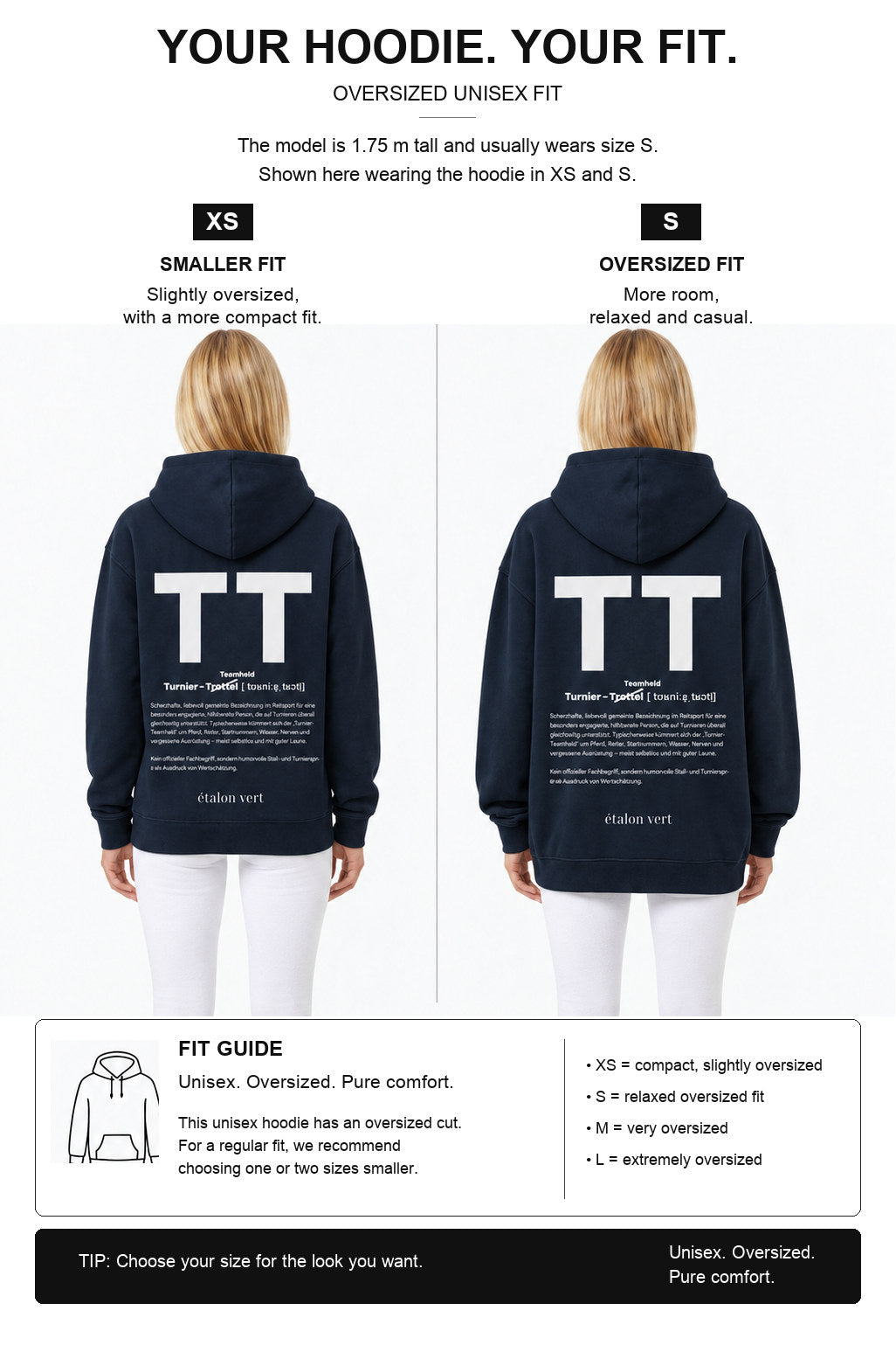 étalon vert – Oversize - TT Print Hoodie - Navy – Fit-Guide XS und S – Model 1,75 m, normalerweise S