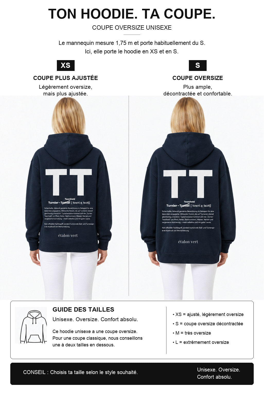 étalon vert – Oversize - TT Print Hoodie - Navy – Fit-Guide XS und S – Model 1,75 m, normalerweise S