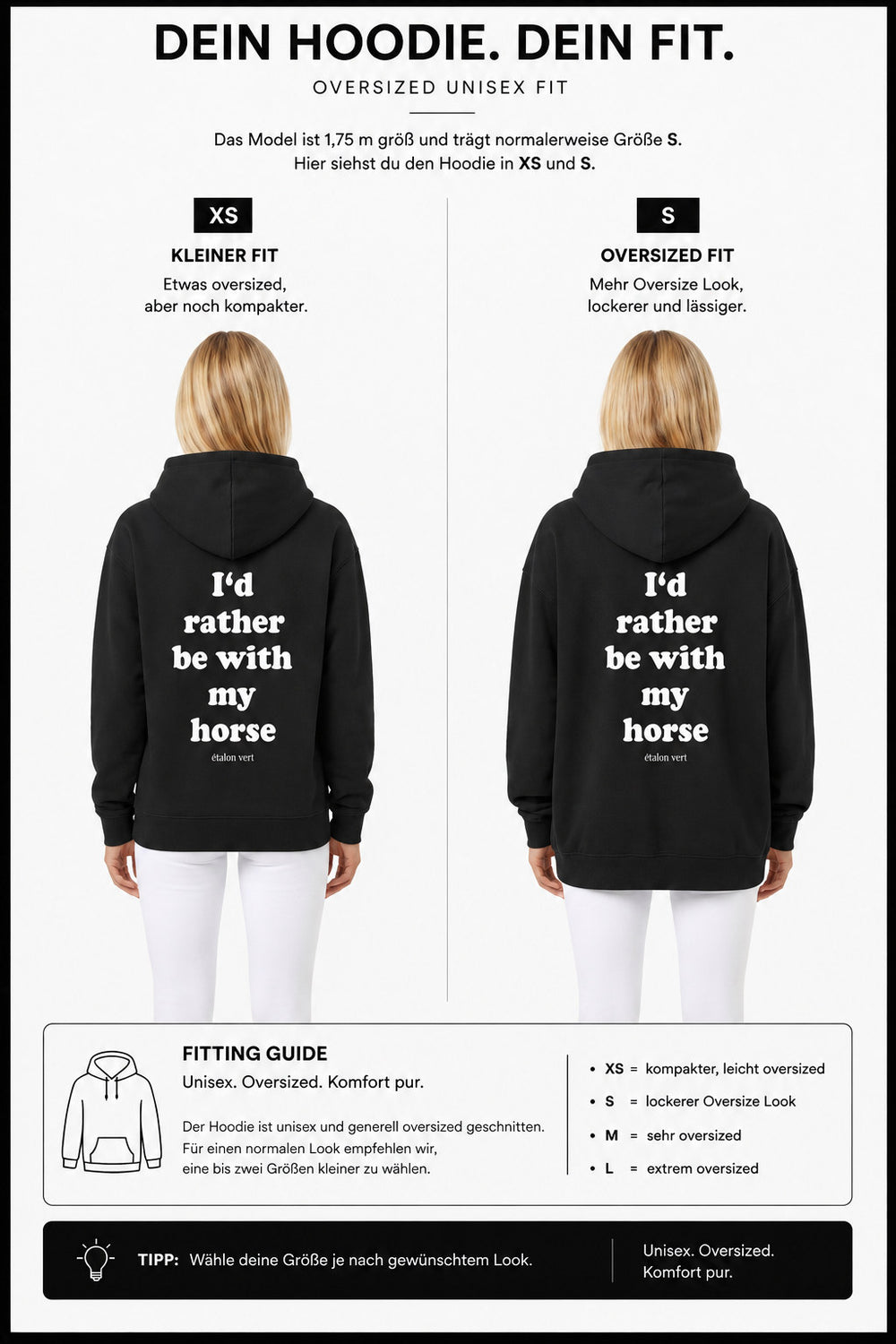 étalon vert – Oversize Fit Hoodie - I´d rather be with my horse - Black – Fit-Guide XS und S – Model 1,75 m, normalerweise S [de]