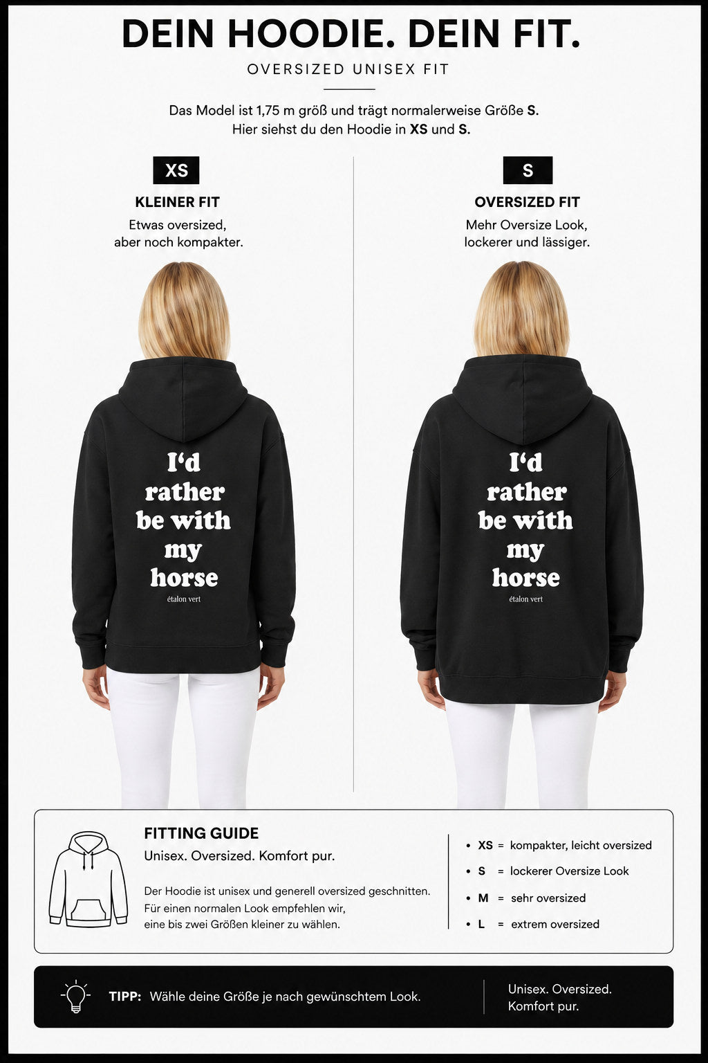 étalon vert – Oversize Fit Hoodie - I´d rather be with my horse - Black – Fit-Guide XS und S – Model 1,75 m, normalerweise S