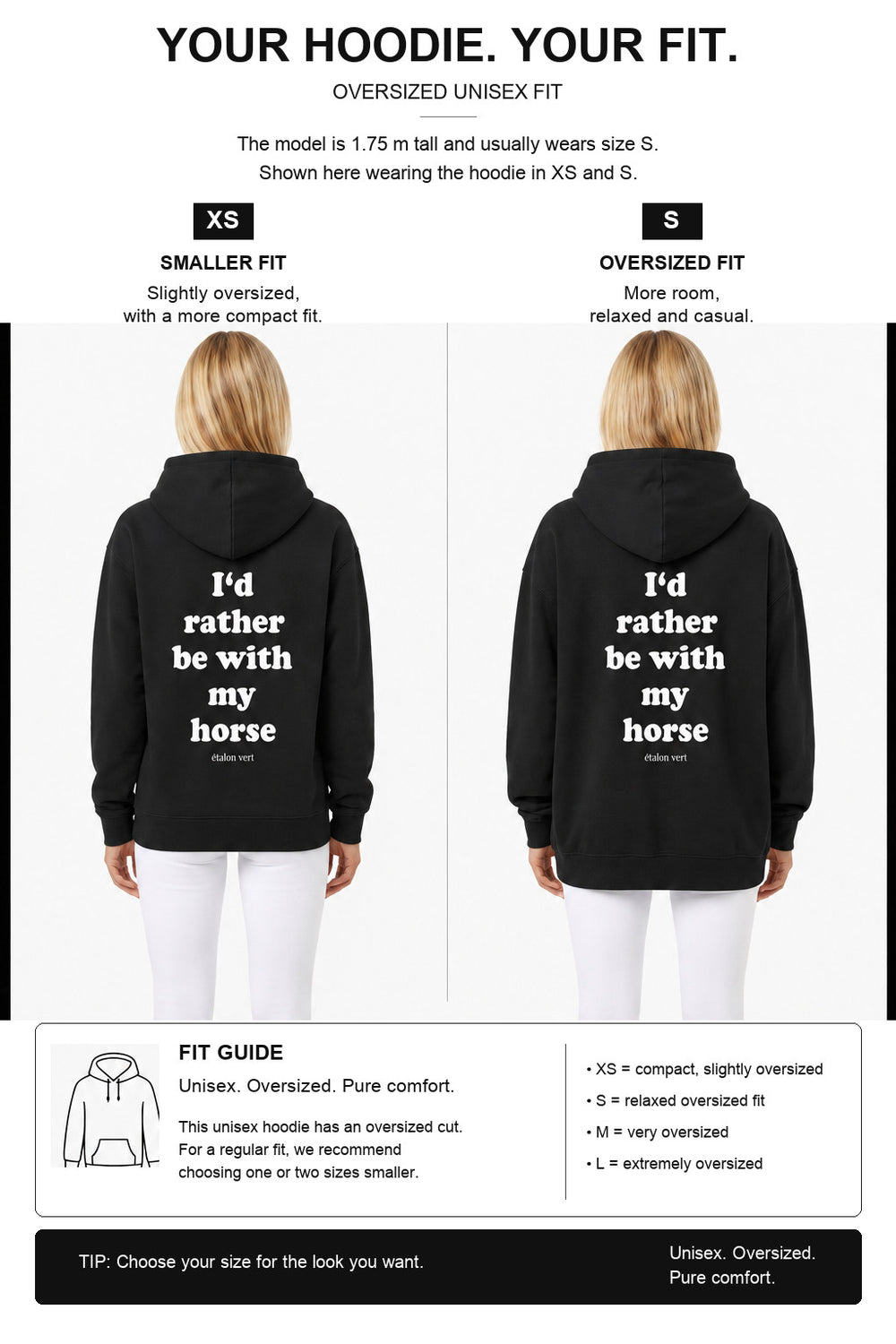 étalon vert – Oversize Fit Hoodie - I´d rather be with my horse - Black – Fit-Guide XS und S – Model 1,75 m, normalerweise S [en]