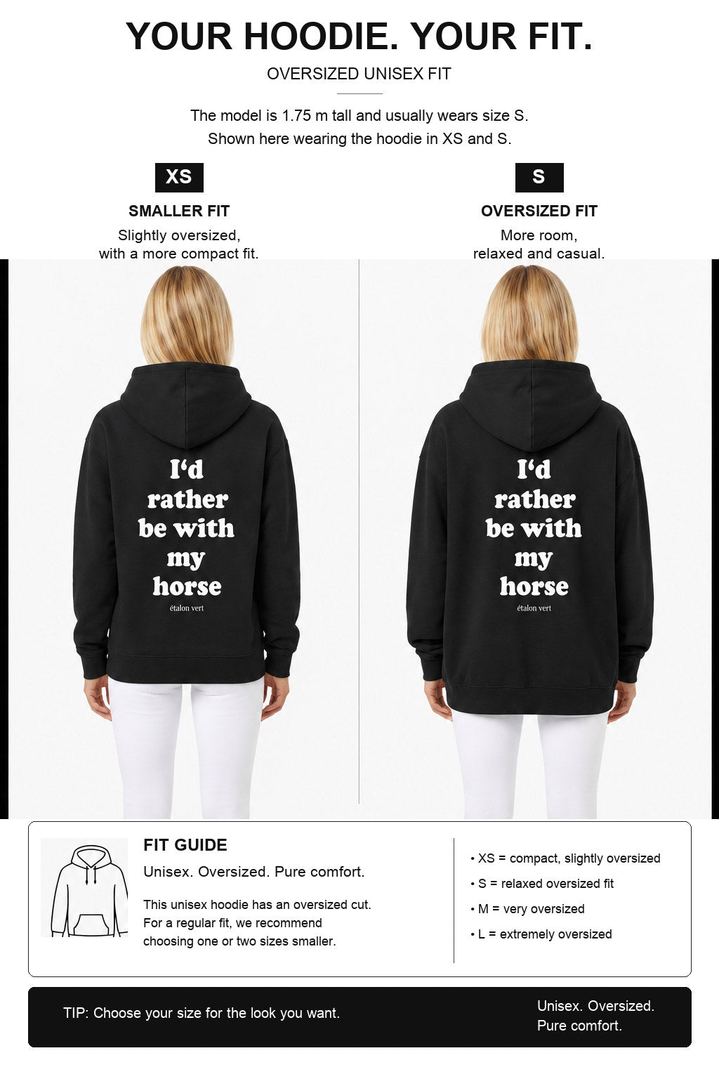 étalon vert – Oversize Fit Hoodie - I´d rather be with my horse - Black – Fit-Guide XS und S – Model 1,75 m, normalerweise S