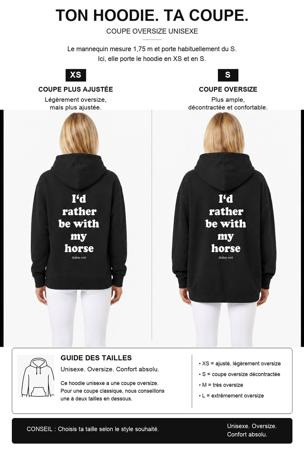 étalon vert – Oversize Fit Hoodie - I´d rather be with my horse - Black – Fit-Guide XS und S – Model 1,75 m, normalerweise S [fr]