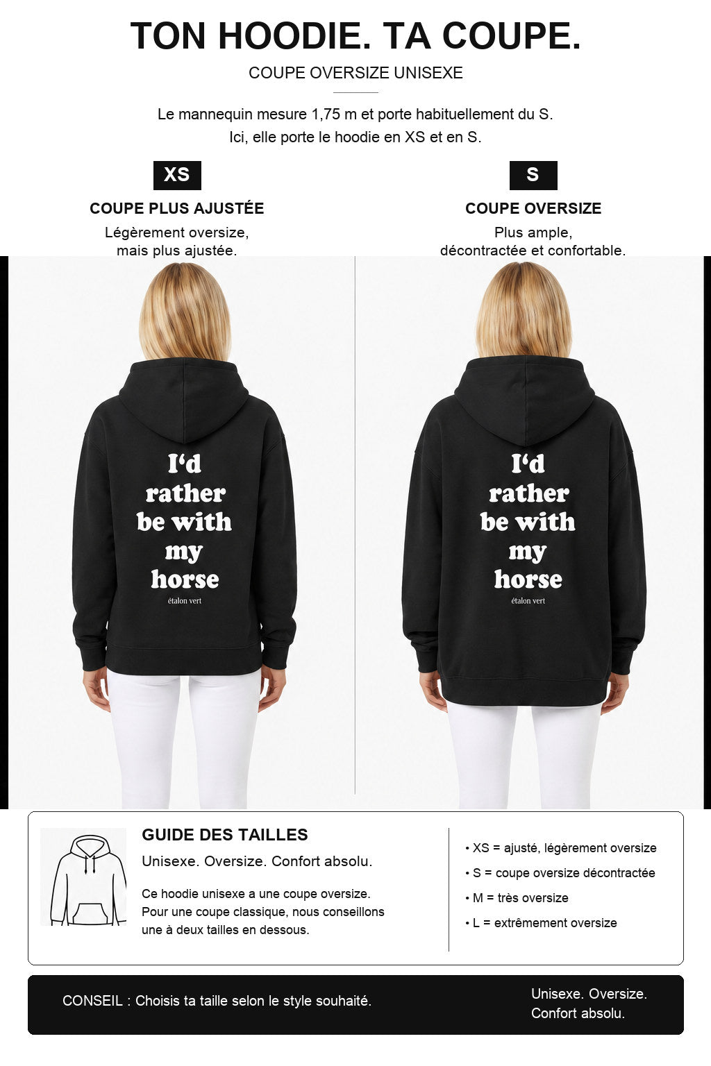 étalon vert – Oversize Fit Hoodie - I´d rather be with my horse - Black – Fit-Guide XS und S – Model 1,75 m, normalerweise S