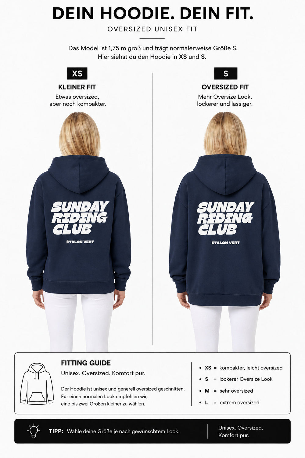 étalon vert – Oversize - Sunday Riding Club Hoodie - Navy – Fit-Guide XS und S – Model 1,75 m, normalerweise S [de]