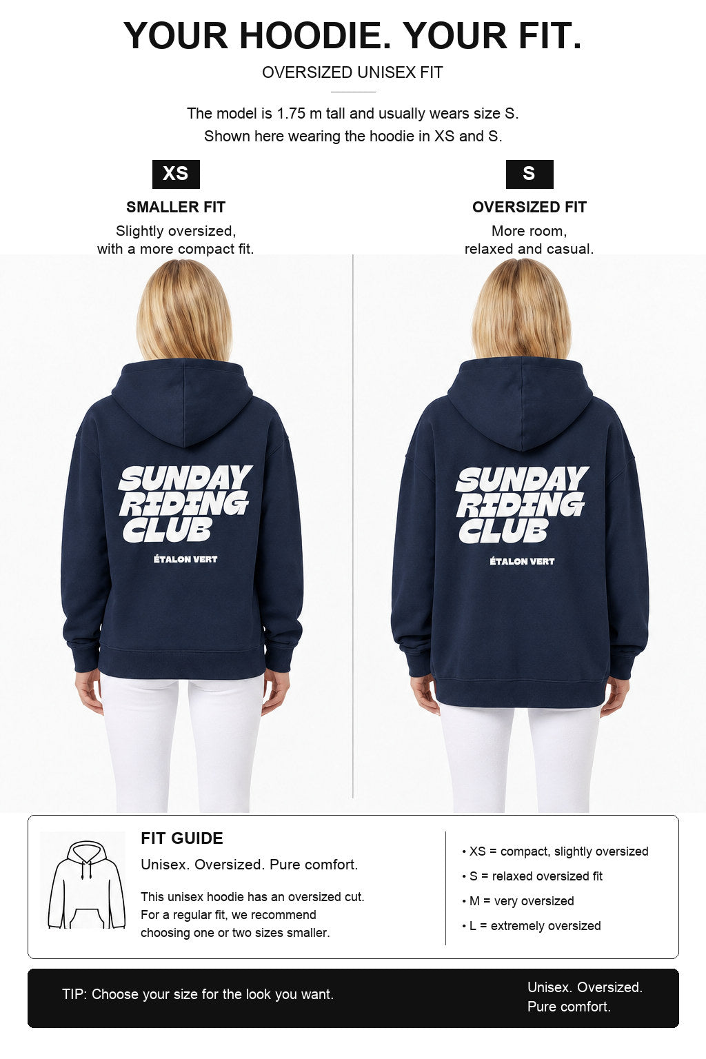 étalon vert – Oversize - Sunday Riding Club Hoodie - Navy – Fit-Guide XS und S – Model 1,75 m, normalerweise S
