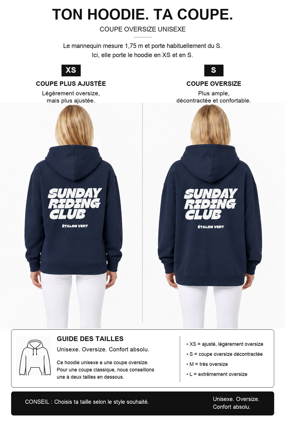 étalon vert – Oversize - Sunday Riding Club Hoodie - Navy – Fit-Guide XS und S – Model 1,75 m, normalerweise S [fr]