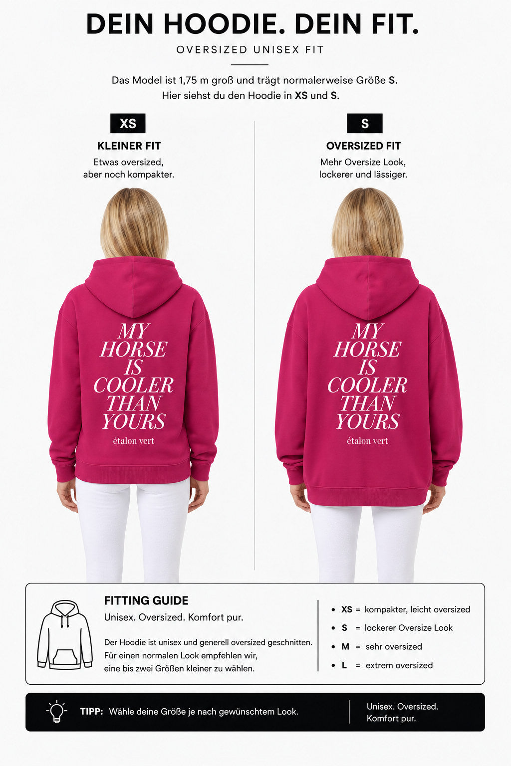 étalon vert – Oversize - My Horse is Cooler Than yours Hoodie - Very Berry – Fit-Guide XS und S – Model 1,75 m, normalerweise S