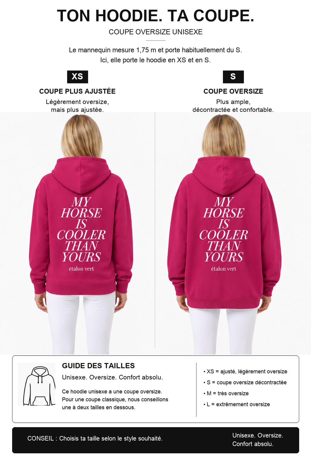 étalon vert – Oversize - My Horse is Cooler Than yours Hoodie - Very Berry – Fit-Guide XS und S – Model 1,75 m, normalerweise S [fr]