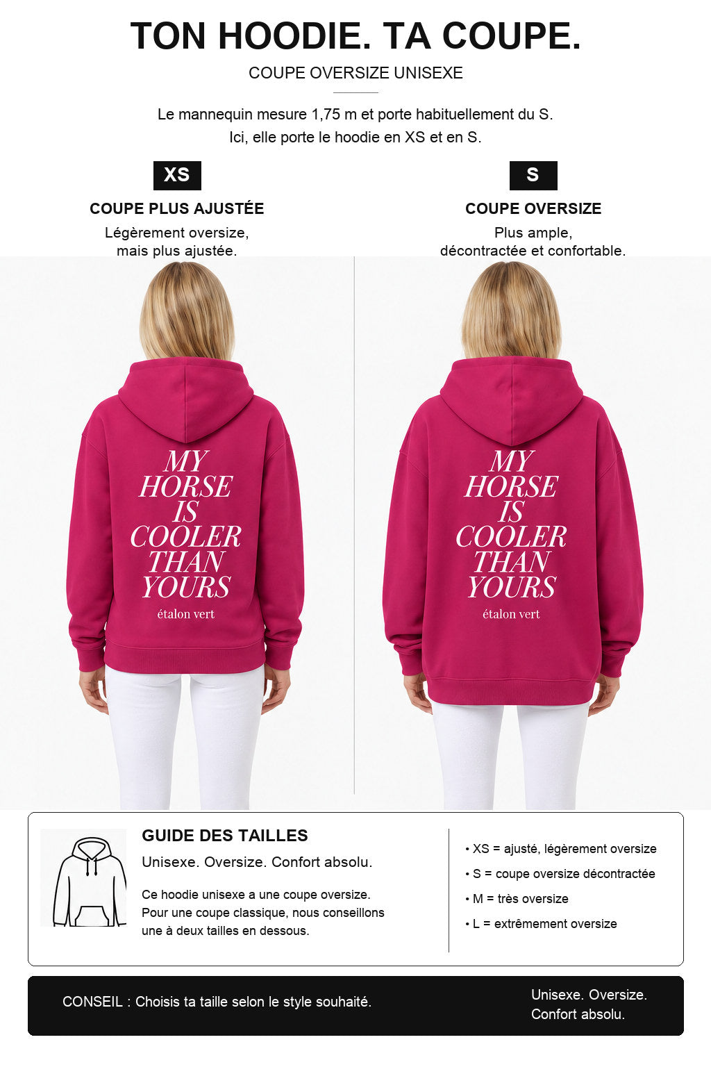 étalon vert – Oversize - My Horse is Cooler Than yours Hoodie - Very Berry – Fit-Guide XS und S – Model 1,75 m, normalerweise S