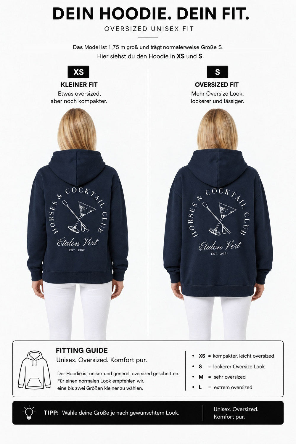 étalon vert – Oversize - Horses & Cocktail Hoodie - Navy – Fit-Guide XS und S – Model 1,75 m, normalerweise S [de]
