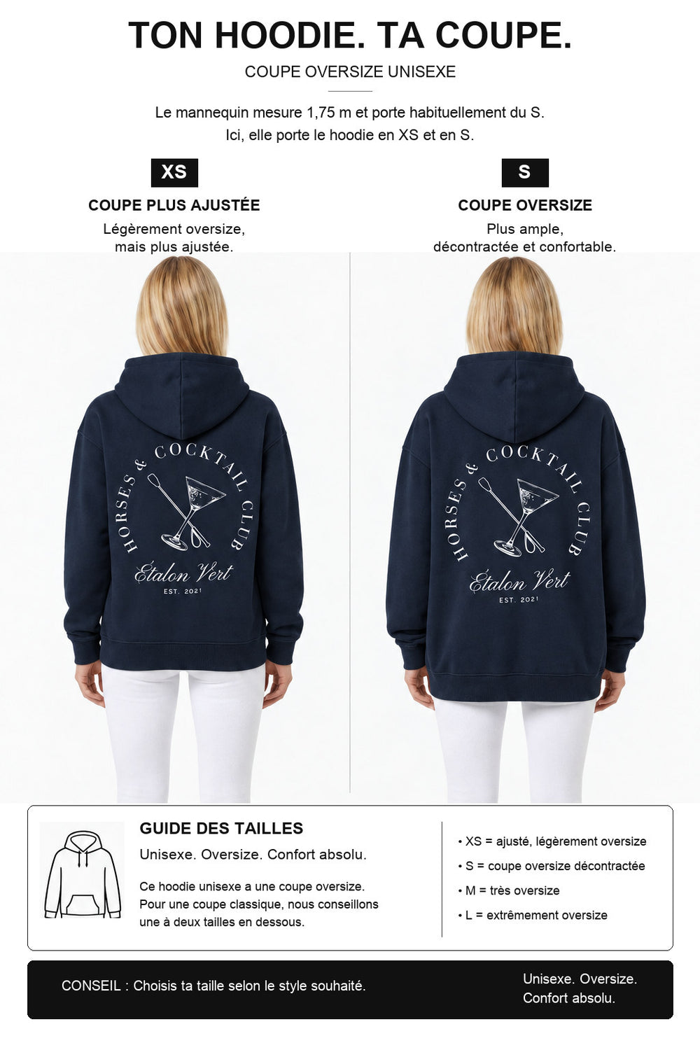 étalon vert – Oversize - Horses & Cocktail Hoodie - Navy – Fit-Guide XS und S – Model 1,75 m, normalerweise S [fr]