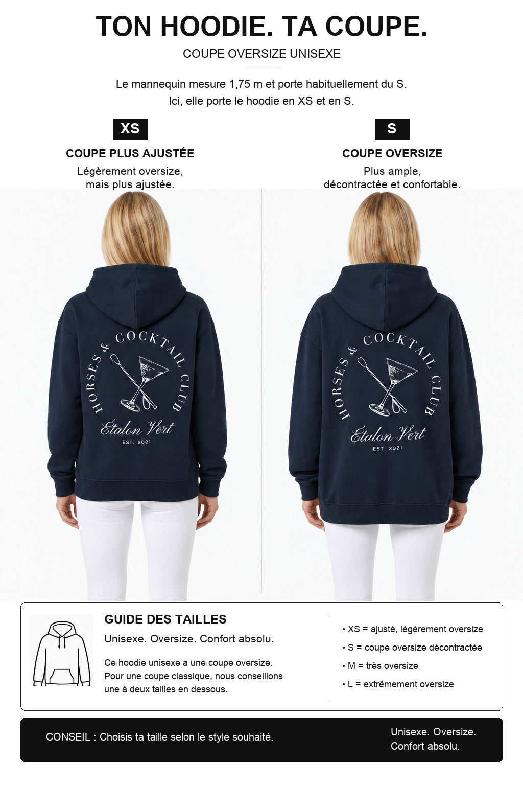 étalon vert – Oversize - Horses & Cocktail Hoodie - Navy – Fit-Guide XS und S – Model 1,75 m, normalerweise S