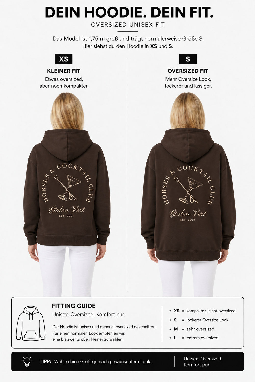étalon vert – Oversize - Horses & Cocktail Hoodie - Chocolate Brown – Fit-Guide XS und S – Model 1,75 m, normalerweise S [de]
