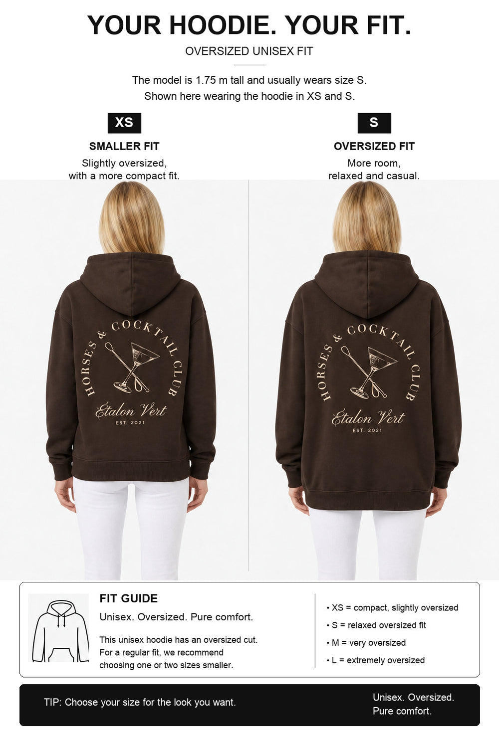 étalon vert – Oversize - Horses & Cocktail Hoodie - Chocolate Brown – Fit-Guide XS und S – Model 1,75 m, normalerweise S [en]