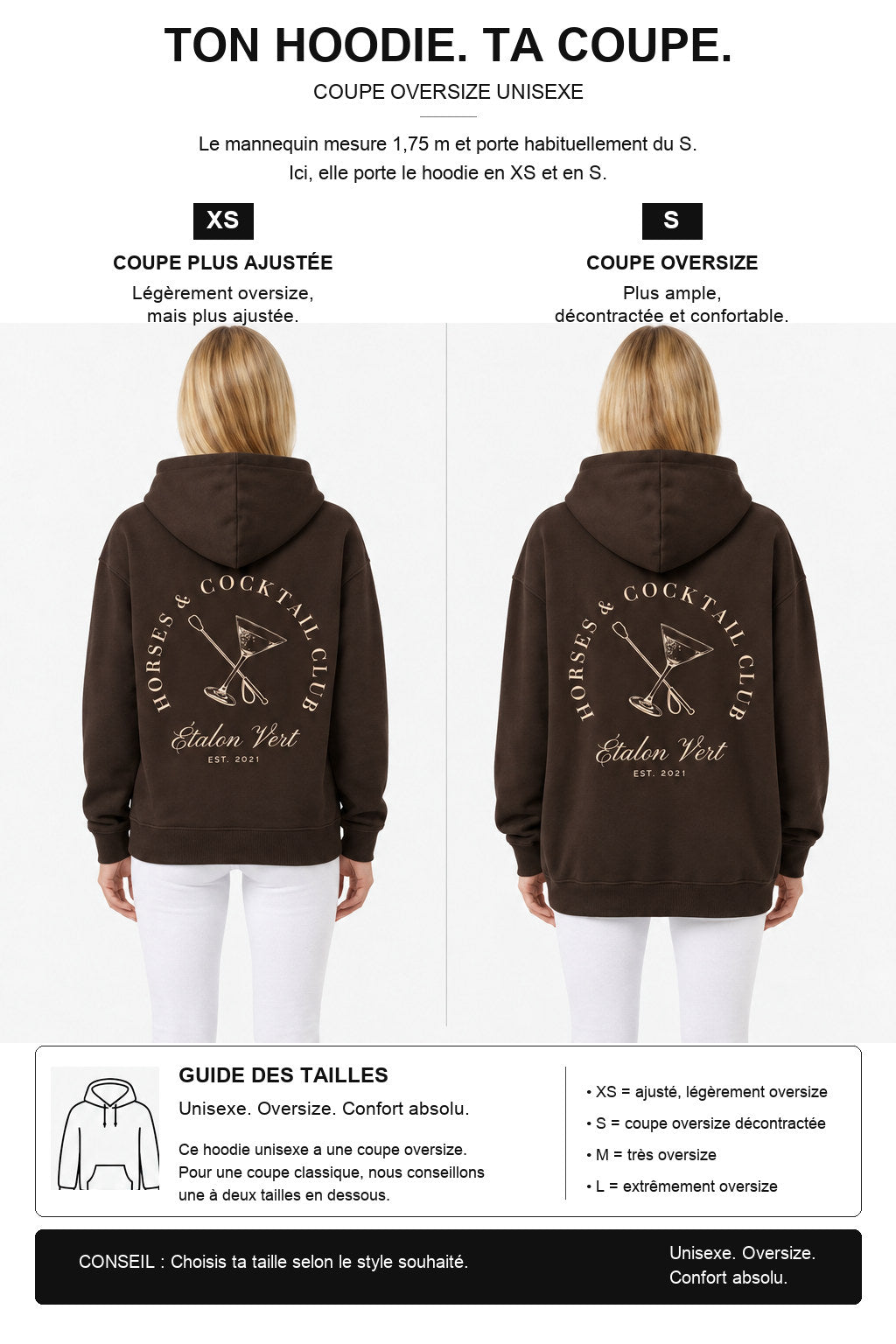 étalon vert – Oversize - Horses & Cocktail Hoodie - Chocolate Brown – Fit-Guide XS und S – Model 1,75 m, normalerweise S