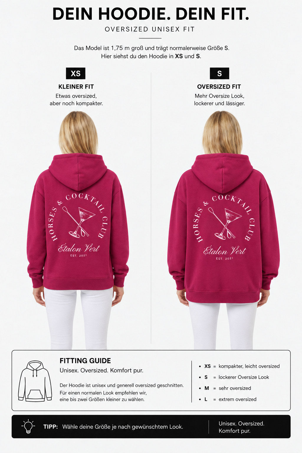 étalon vert – Oversize - Horses & Cocktail Hoodie - Very Berry – Fit-Guide XS und S – Model 1,75 m, normalerweise S