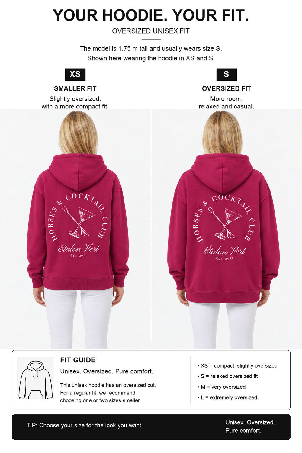 étalon vert – Oversize - Horses & Cocktail Hoodie - Very Berry – Fit-Guide XS und S – Model 1,75 m, normalerweise S [en]
