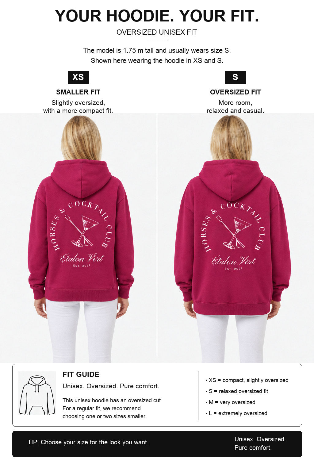 étalon vert – Oversize - Horses & Cocktail Hoodie - Very Berry – Fit-Guide XS und S – Model 1,75 m, normalerweise S