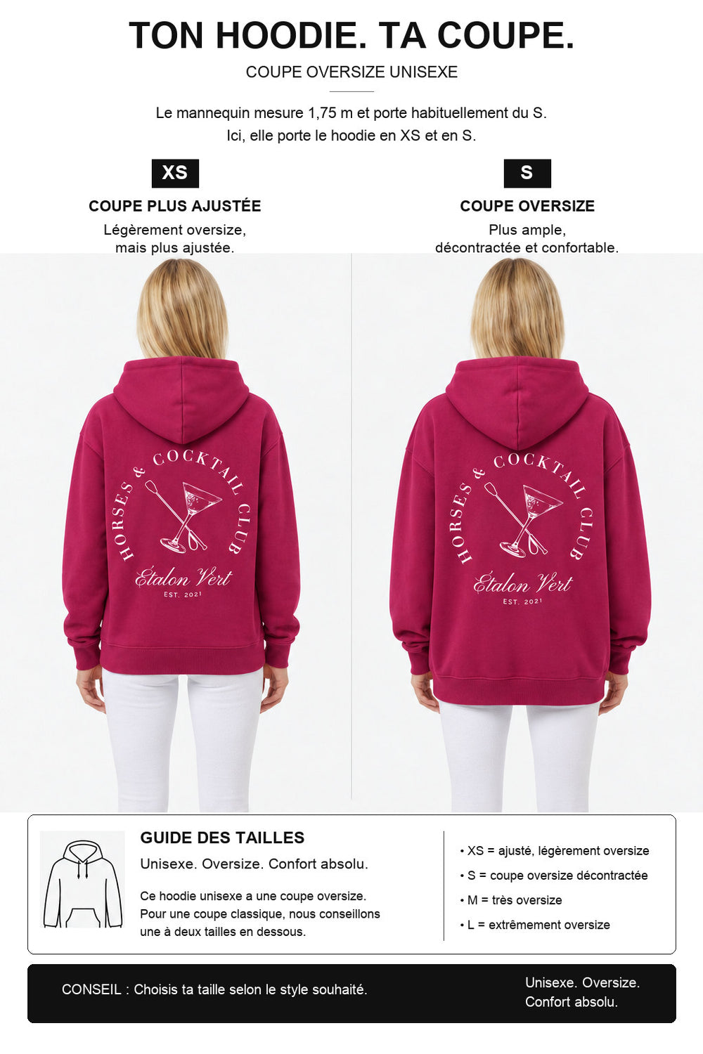étalon vert – Oversize - Horses & Cocktail Hoodie - Very Berry – Fit-Guide XS und S – Model 1,75 m, normalerweise S [fr]