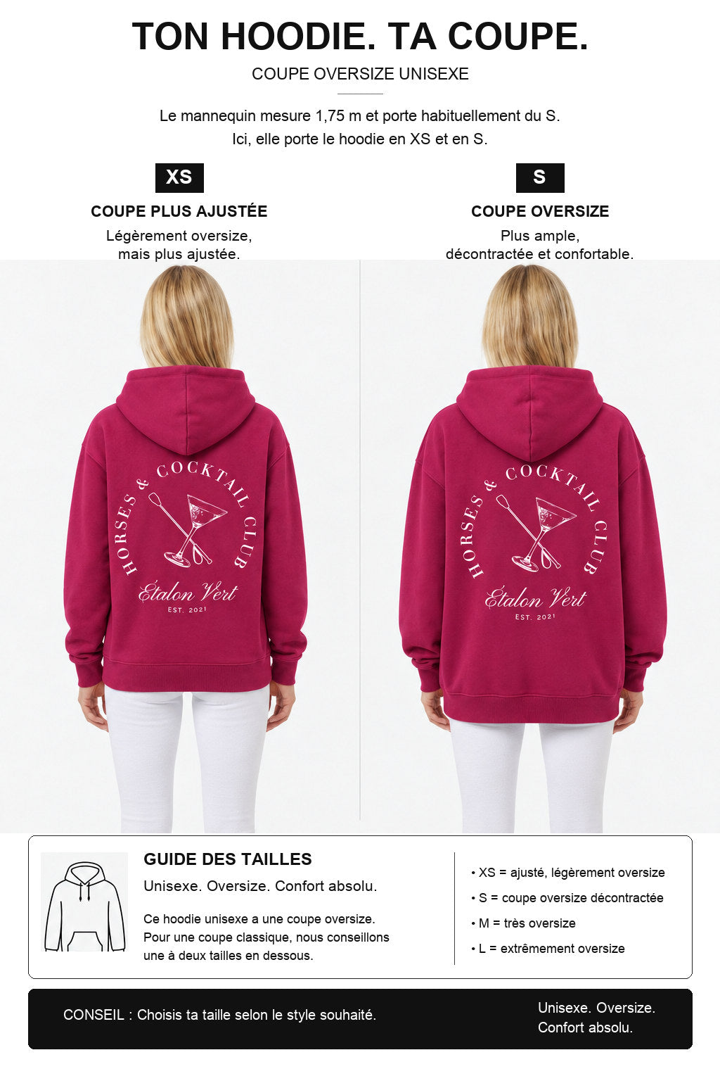 étalon vert – Oversize - Horses & Cocktail Hoodie - Very Berry – Fit-Guide XS und S – Model 1,75 m, normalerweise S