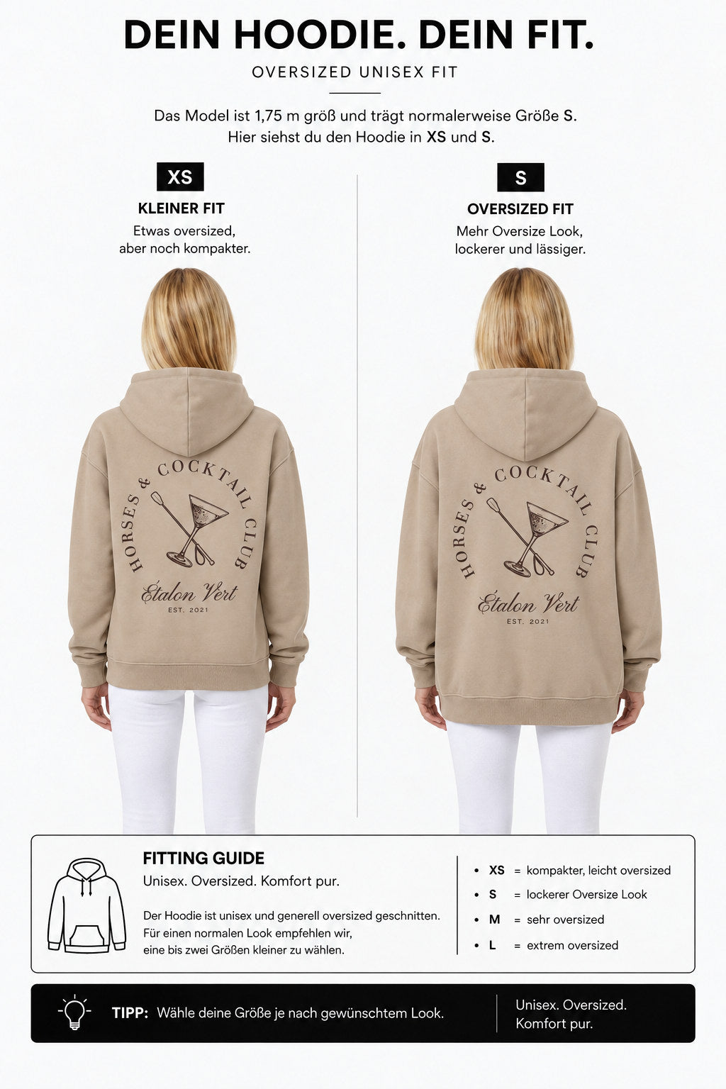étalon vert – Oversize - Horses & Cocktail Hoodie - Beige – Fit-Guide XS und S – Model 1,75 m, normalerweise S