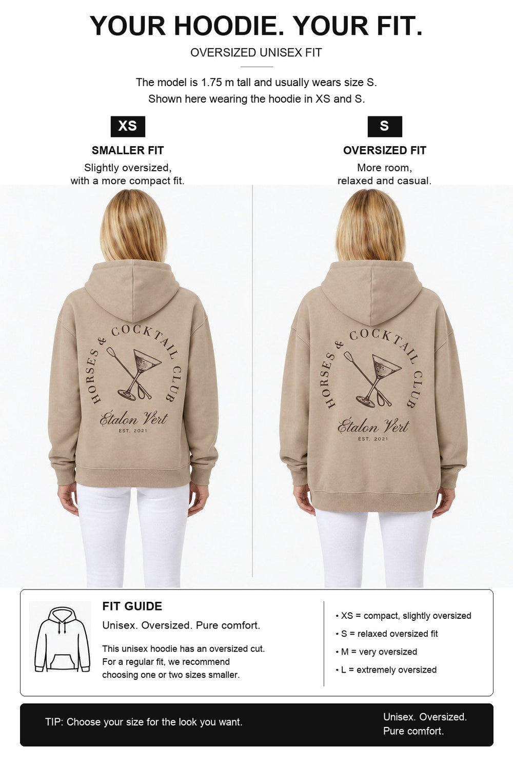étalon vert – Horses & Cocktail Hoodie Beige – Fit-Guide XS und S – Model 1,75 m, normalerweise S [en]
