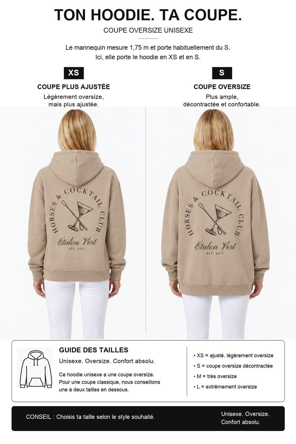 étalon vert – Horses & Cocktail Hoodie Beige – Fit-Guide XS und S – Model 1,75 m, normalerweise S [fr]