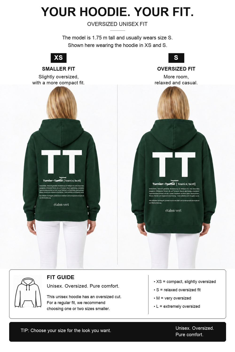 étalon vert – TT Hoodie Dunkelgrün – Fit-Guide XS und S – Model 1,75 m, normalerweise S [en]