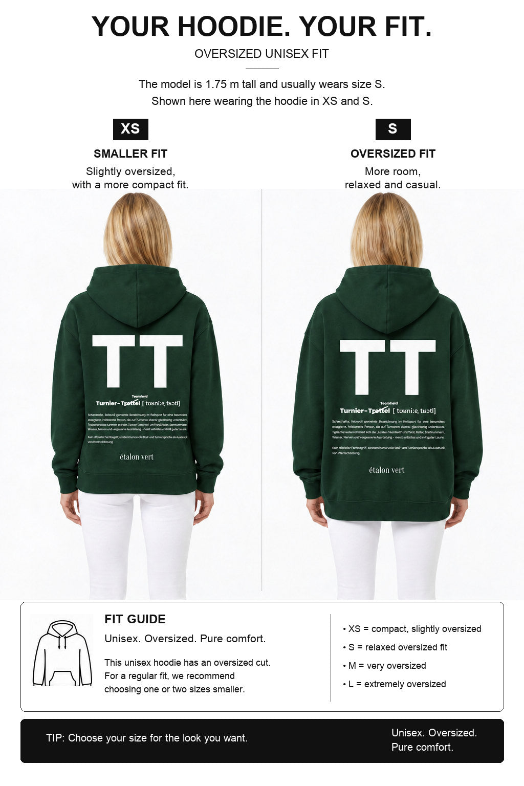 étalon vert – TT Hoodie Dunkelgrün – Fit-Guide XS und S – Model 1,75 m, normalerweise S