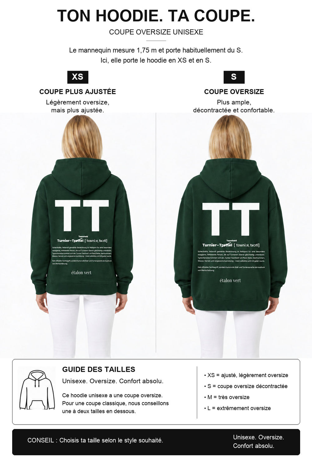 étalon vert – TT Hoodie Dunkelgrün – Fit-Guide XS und S – Model 1,75 m, normalerweise S [fr]