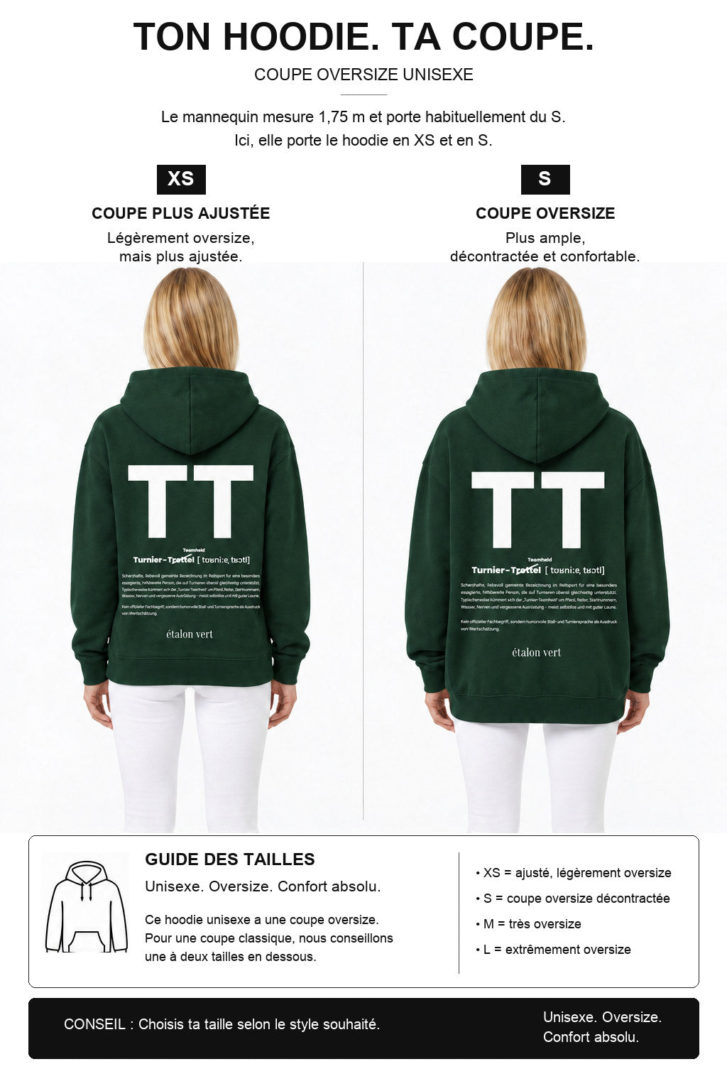 étalon vert – TT Hoodie Dunkelgrün – Fit-Guide XS und S – Model 1,75 m, normalerweise S
