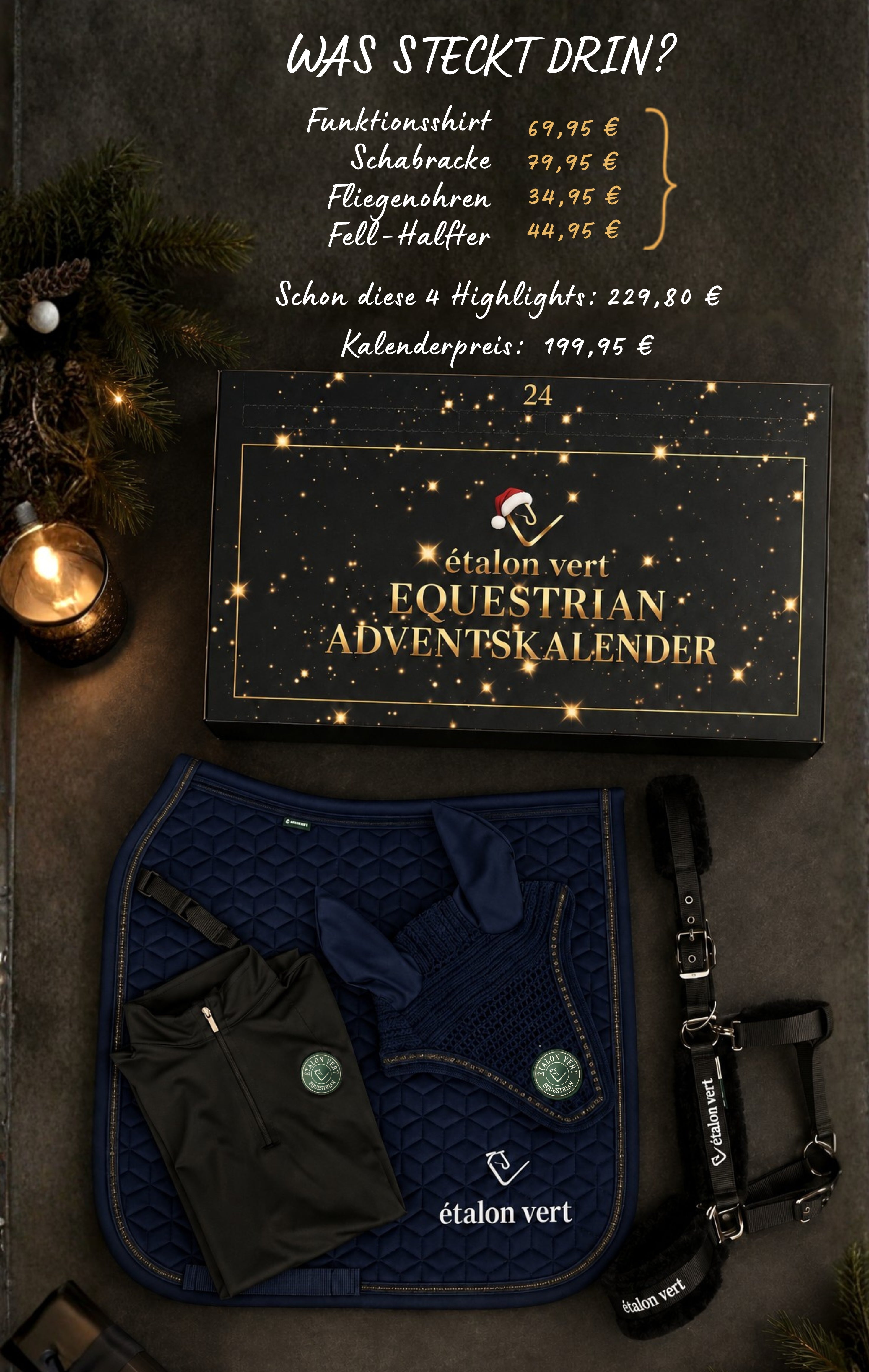 Vier bestätigte Highlights des Adventskalenders 2026 in Navy mit Einzelpreisen und Kalenderpreis