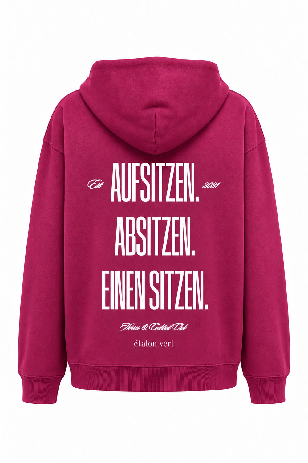aufsitzen – Hoodie Very Berry, Rückenansicht mit großem weißem Druck