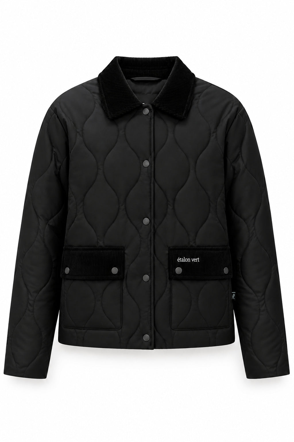 étalon vert Baloubet Heritage Jacket in Schwarz – Vorderansicht geschlossen mit Cordkragen und aufgesetzten Taschen