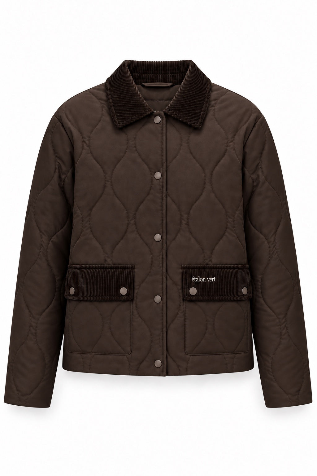 étalon vert Baloubet Heritage Jacket in Dunkelbraun – Vorderansicht geschlossen mit Cordkragen und aufgesetzten Taschen