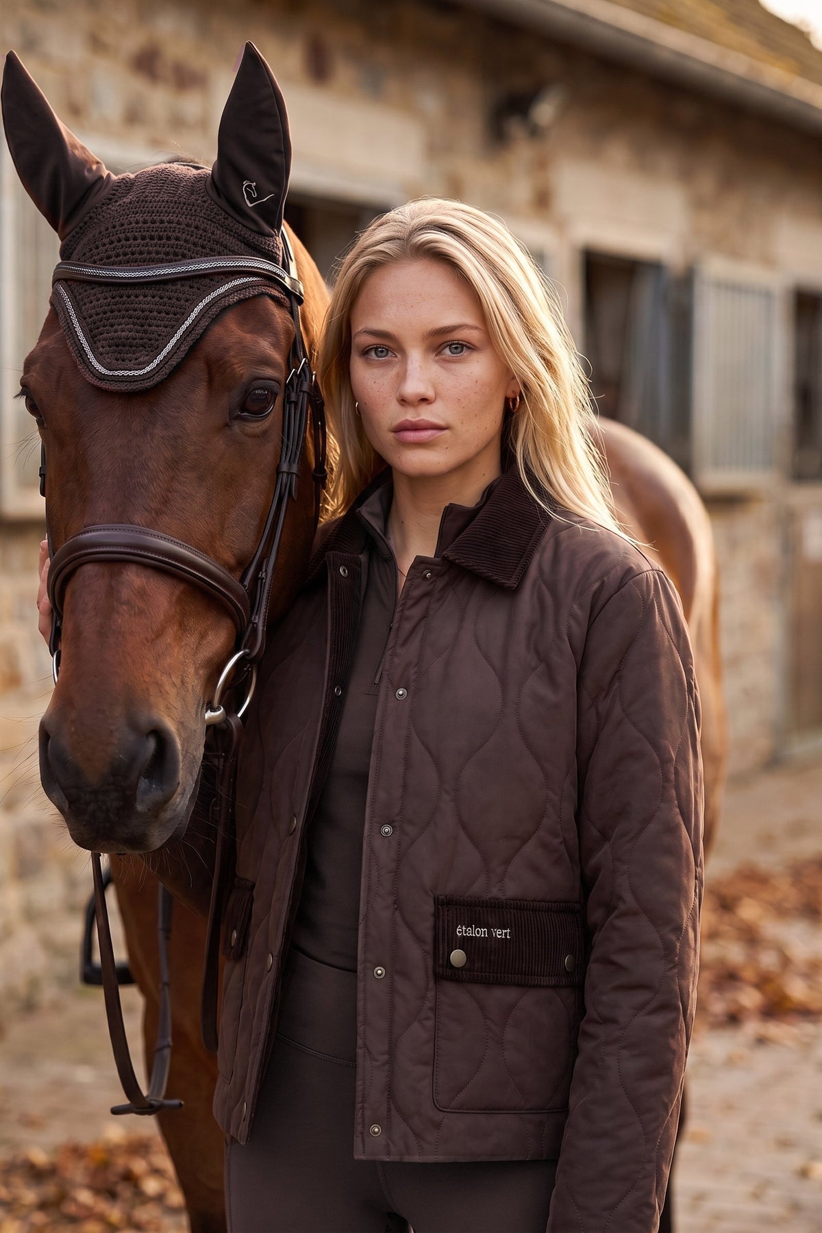 étalon vert Baloubet Heritage Jacket in Dunkelbraun – Geschlossene Jacke am Model neben einem Pferd