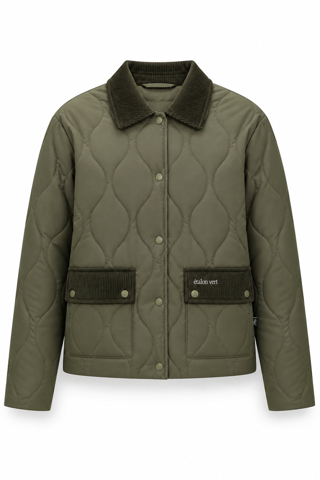 étalon vert Baloubet Heritage Jacket in Oliv – Vorderansicht geschlossen mit Cordkragen und aufgesetzten Taschen