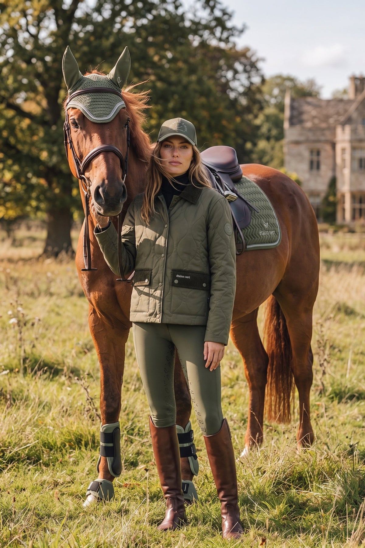 étalon vert Baloubet Heritage Jacket in Oliv – Geschlossene Jacke am Model neben einem Pferd