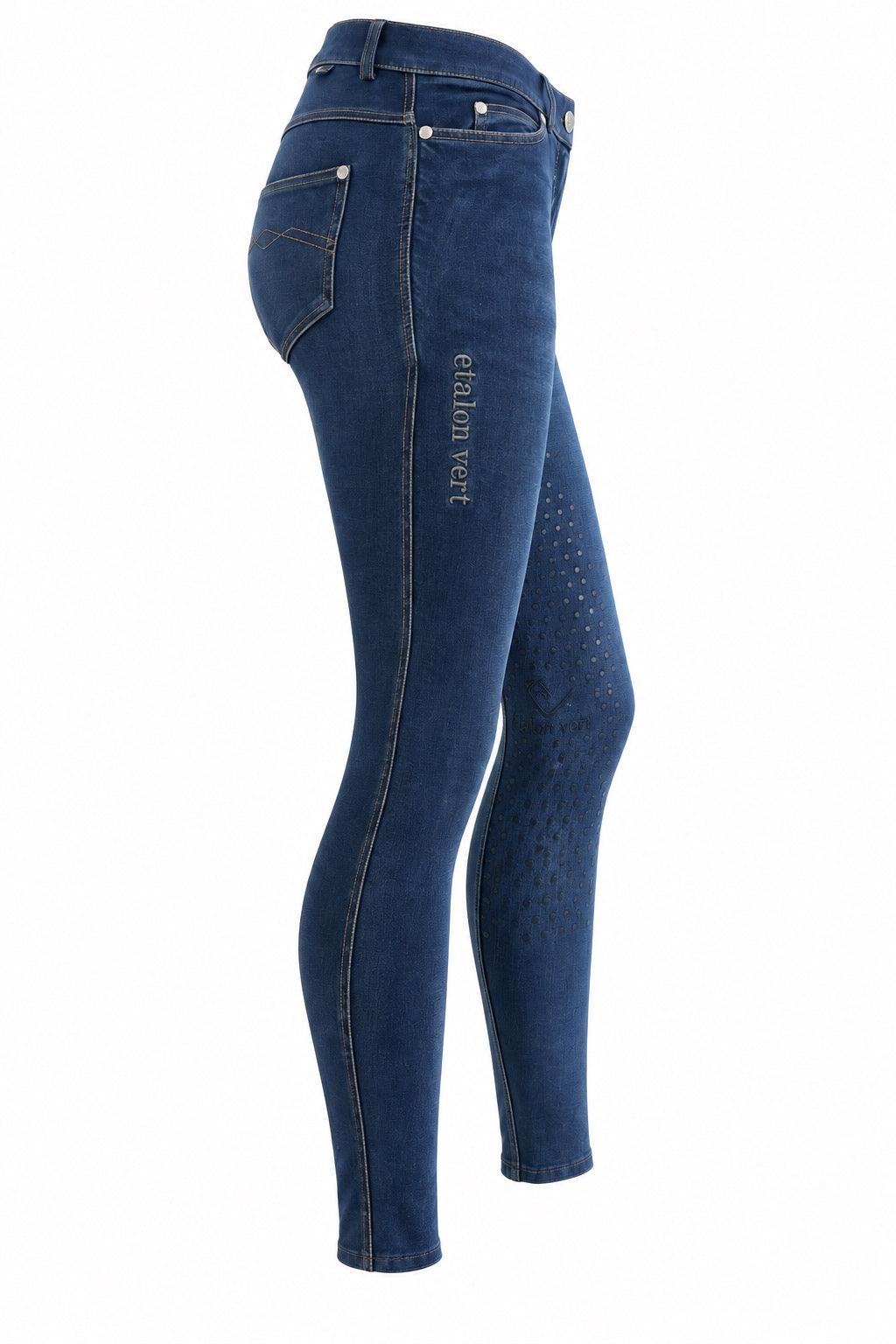 Belissimo Denim Style Reithose Blue Denim – Seitenansicht mit etalon vert Logo