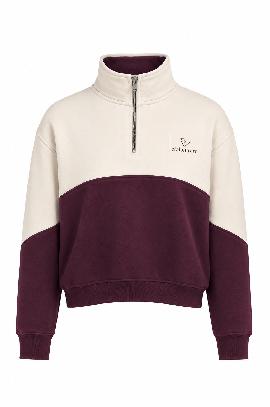 Bicolor Zip Sweater Off-white/Burgundy – Vorderansicht geschlossen mit Burgundy-Stickerei