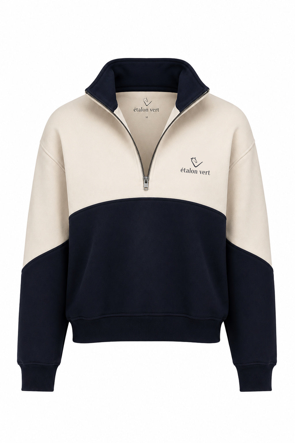 Bicolor Zip Sweater Off-white/Navy – Vorderansicht mit geöffnetem Reißverschluss und Navy-Stickerei