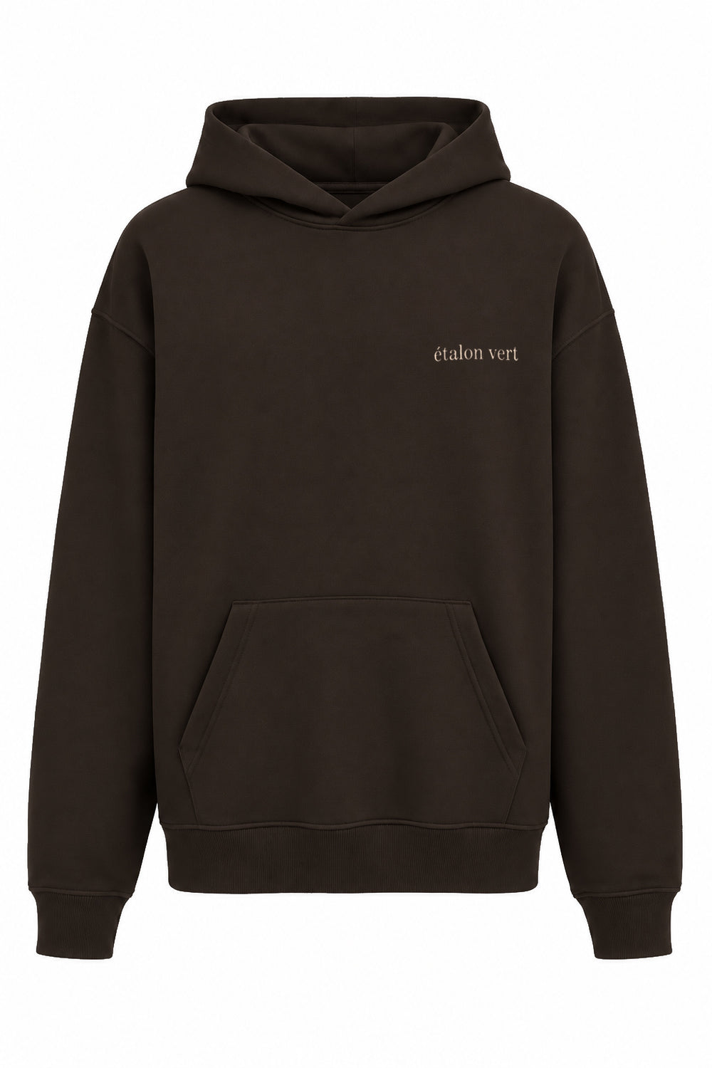 Brown / Chocolate Brown Oversize Hoodie – Vorderansicht, kleines beiges Logo auf linker Brust